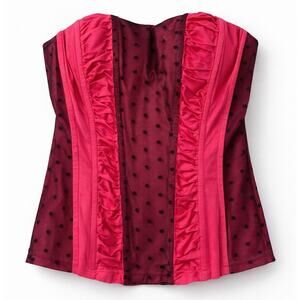 Y2K Hot Pink & Black Polka Dot Corset Top – Ruffle Mesh Bustier – Size S